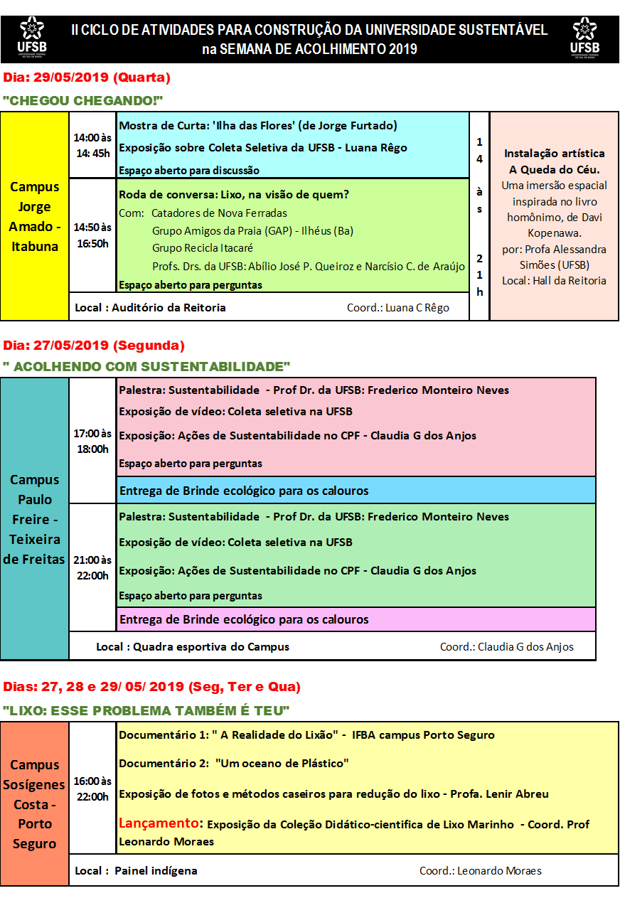 Programação Ciclo Atividades Sustentabilidade Semana de Acolhimento 2019 1