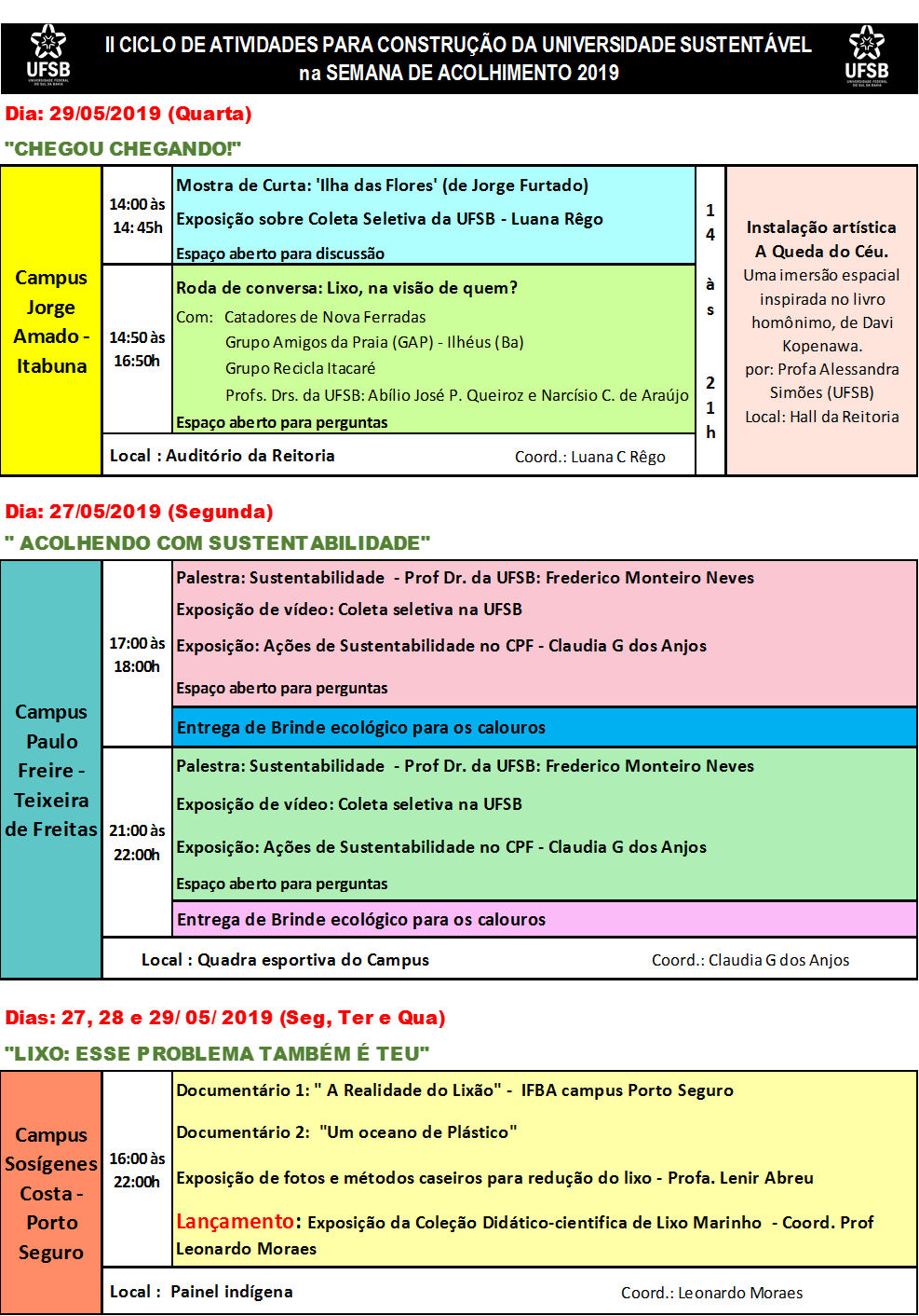 Programação Ciclo Atividades Sustentabilidade Semana de Acolhimento 2019